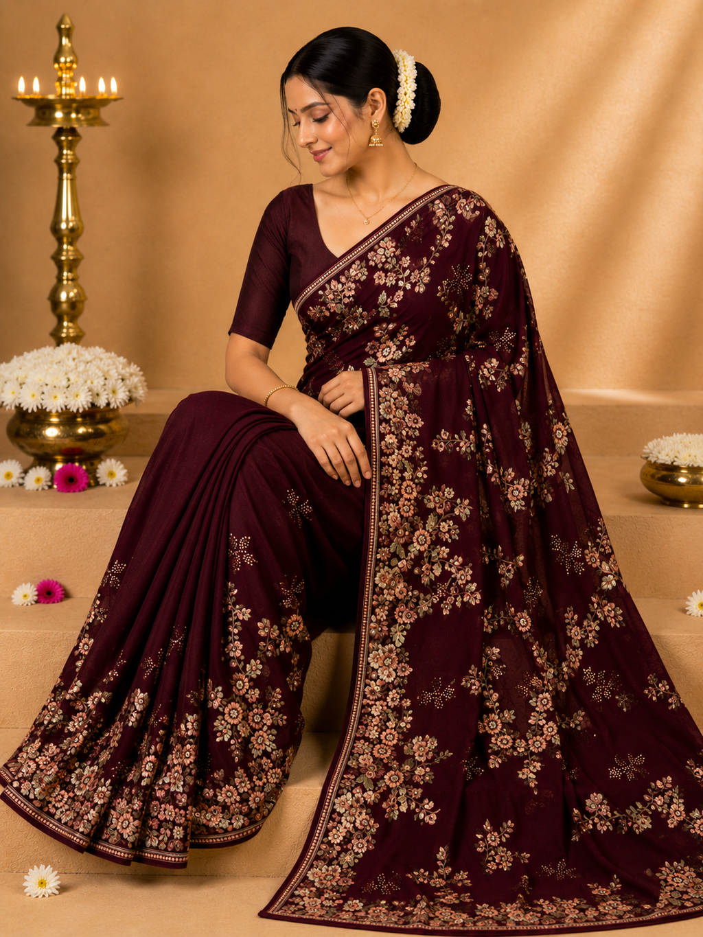 Party Wear Saree – Maroon Floral