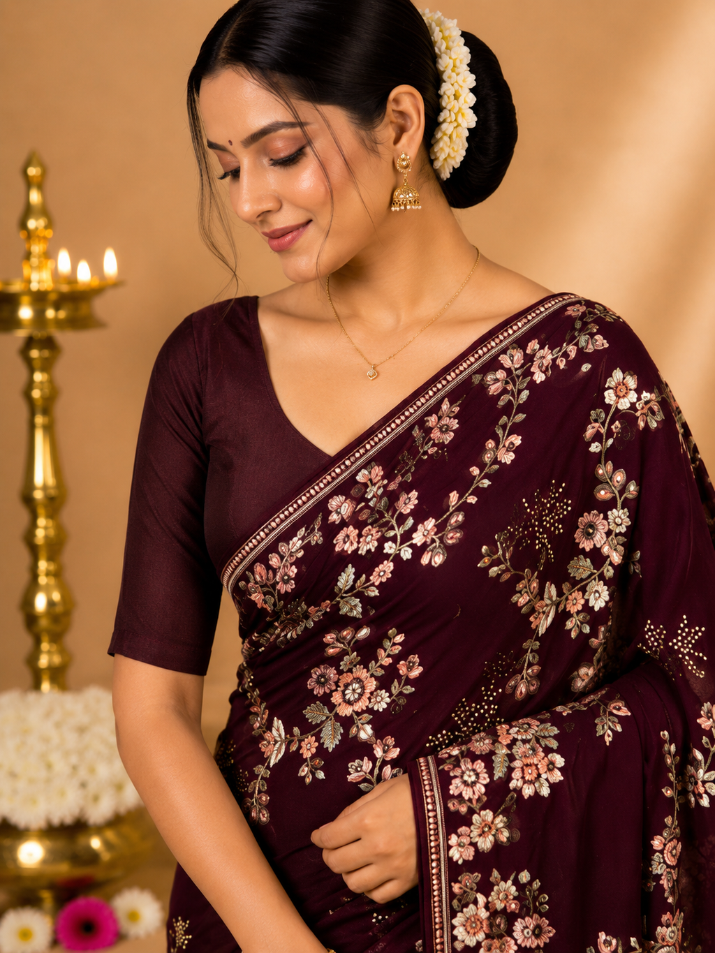 Party Wear Saree – Maroon Floral