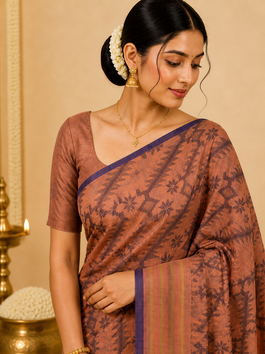 Bengali Cotton Saree – Soft Sage Green