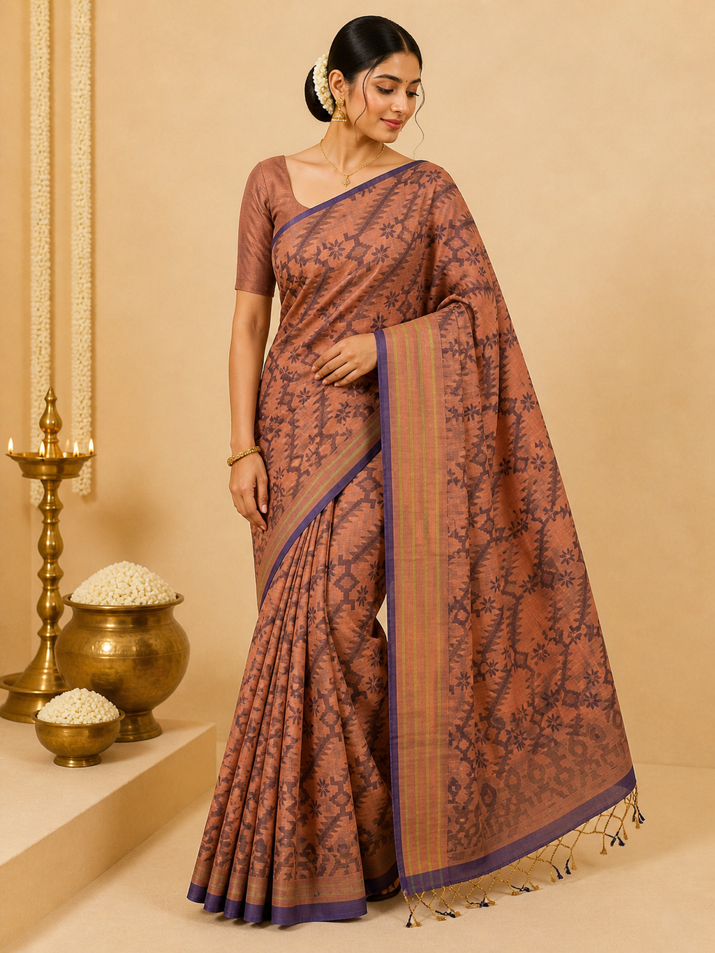 Bengali Cotton Saree – Soft Sage Green