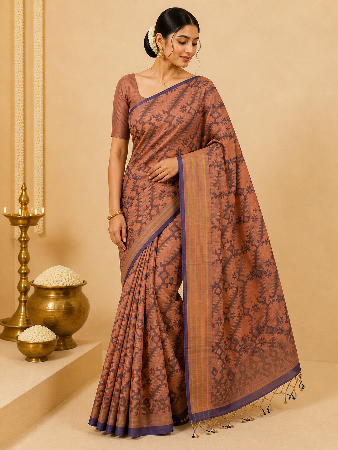 Bengali Cotton Saree – Soft Sage Green
