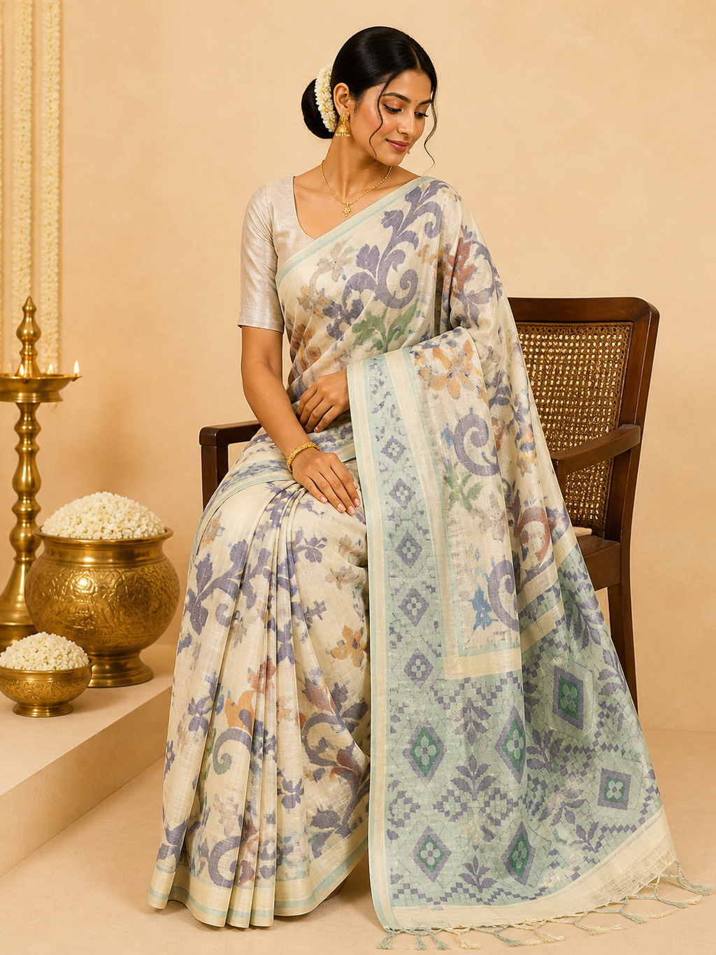 Bengali Cotton Saree – Beige
